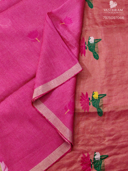 Rani Pink Tissue Line Saree With Floral Thread Woven Motif All Over Code : VB0536