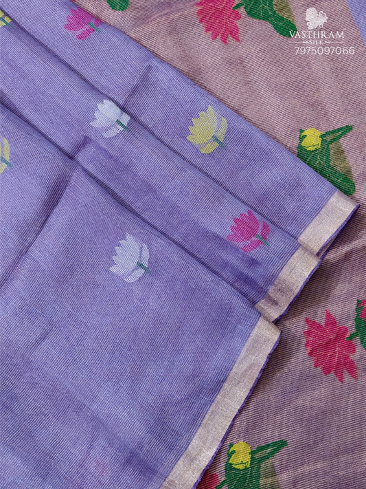 Pastel Green Tissue Line Saree With Floral Thread Woven Motif All Over Code : VB0538