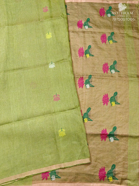 Mehandi Green Colour Tissue Linen Saree With Floral Motif All Code : VB0539