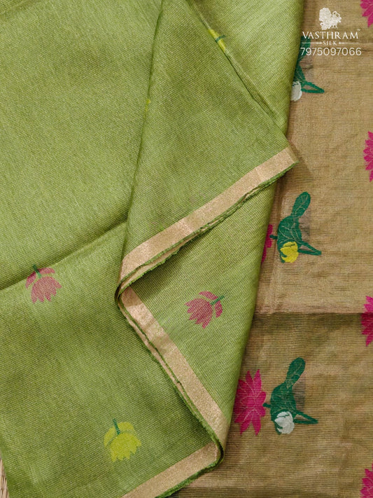Mehandi Green Colour Tissue Linen Saree With Floral Motif All Code : VB0539
