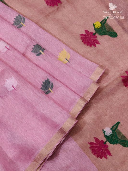 Baby Pink Colour Tissue Linen Saree With Floral Thread Woven Motif All Over Code : VB0540