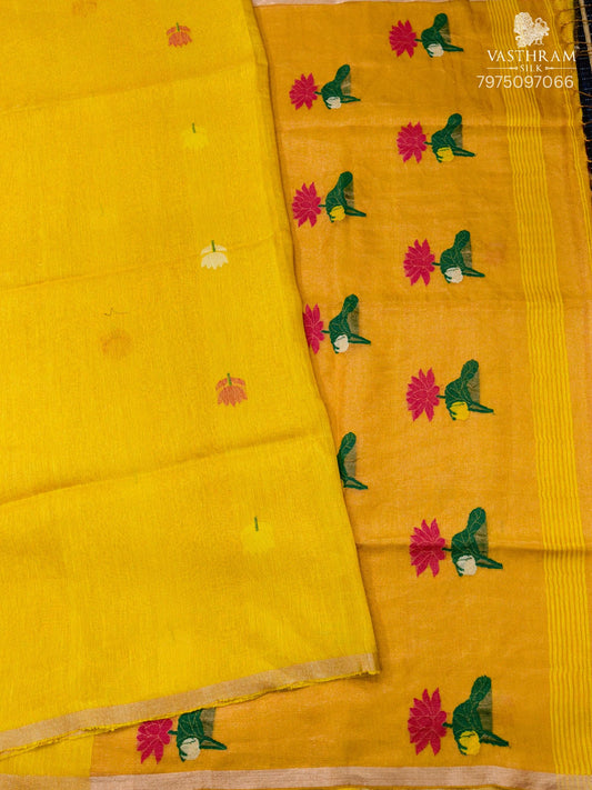 Yellow Colour Tissue Linen Saree With Floral Thread Woven Motif All Over Code : VB0542
