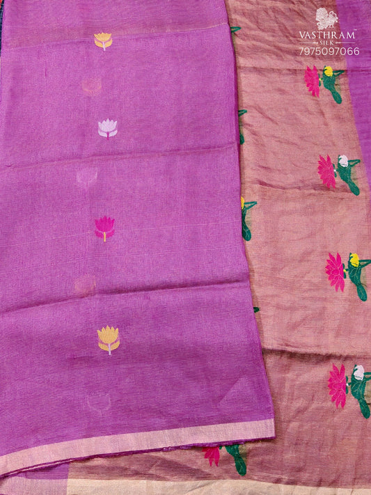 Dark Mauve Colour Tissue Linen Saree With Floral Thread Woven Motif All Over Code : VB0541