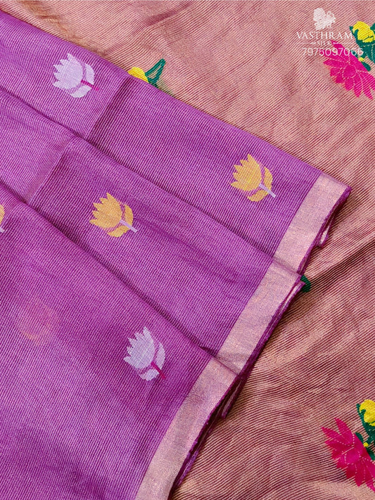 Dark Mauve Colour Tissue Linen Saree With Floral Thread Woven Motif All Over Code : VB0541