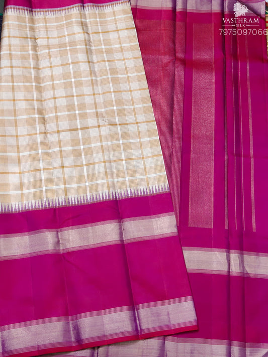 Cream Colour Kanchivaram Silk Saree With Checks All Over Code : KA0481