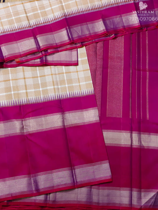 Cream Colour Kanchivaram Silk Saree With Checks All Over Code : KA0481