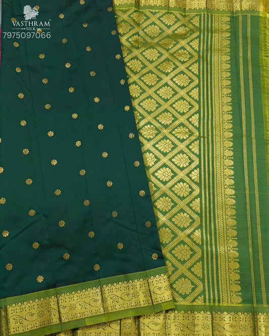 Bottle Green Colour Kanchivaram Silk Saree With Zari Butta All Over Code : KA0485