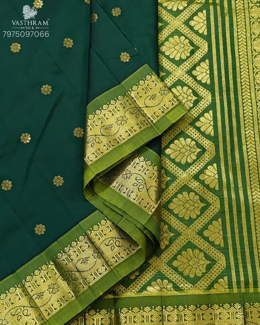 Bottle Green Colour Kanchivaram Silk Saree With Zari Butta All Over Code : KA0485