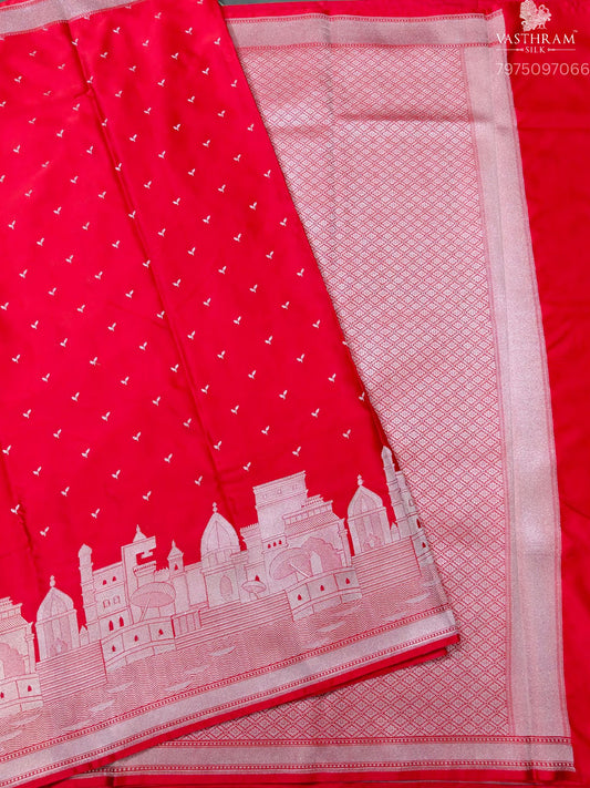 Red Colour Semi Banarasi Saree With Silver Zari Butta All Over Code :VB0544