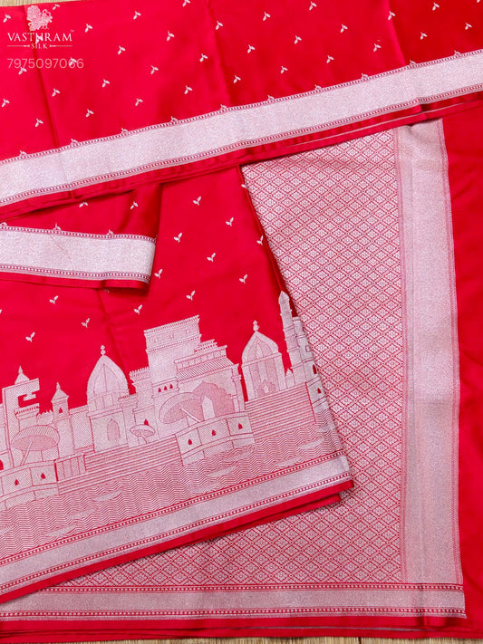 Red Colour Semi Banarasi Saree With Silver Zari Butta All Over Code :VB0544