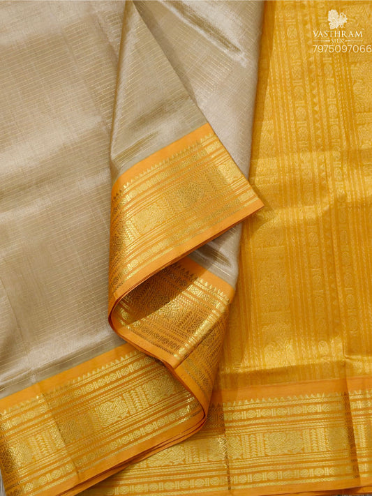 Dark Gold Colour Silk Cotton Saree With Vaira Oosi Checks All Over Code : SC046