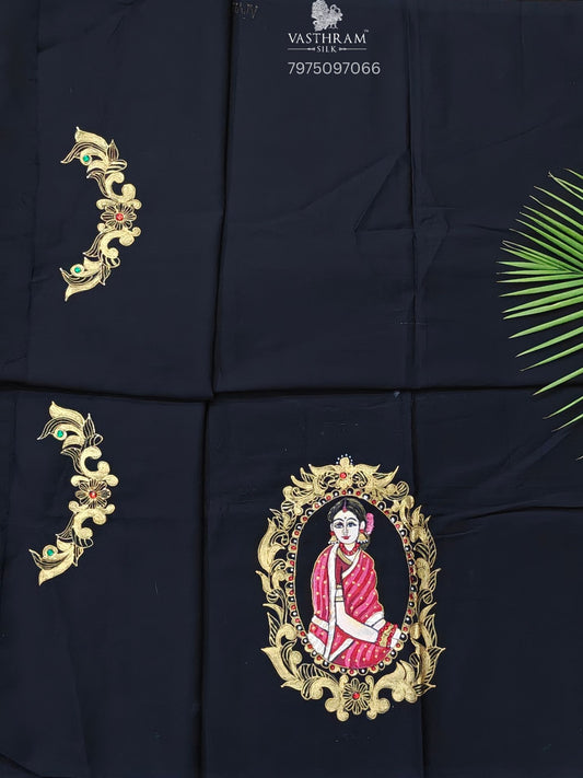 Black Colour Satin Blouse Fabric & Tanjore Hand Painting