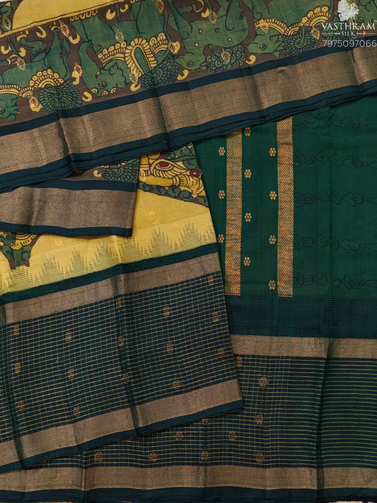 Mehandi Green Colour Silk Cotton Saree With Pen Kalamkari All Over Code : SC052