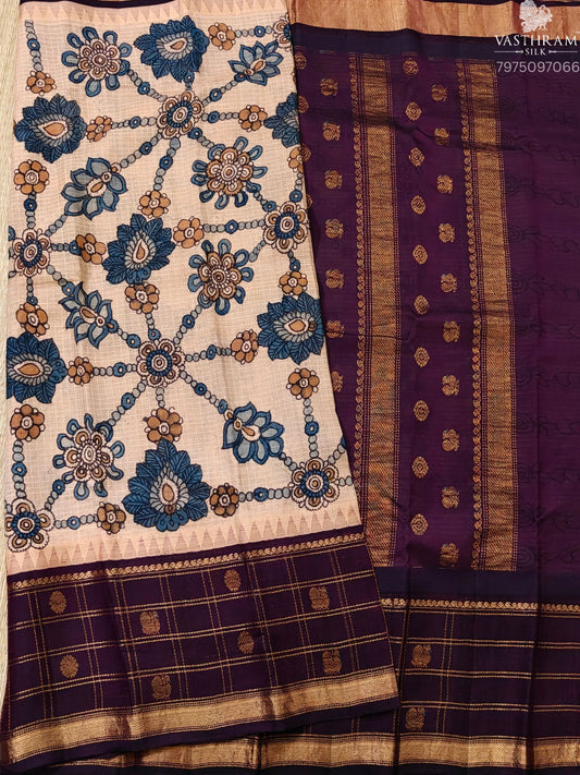 Cream colour silk cotton saree with pen kalamkari all over Code :SC043