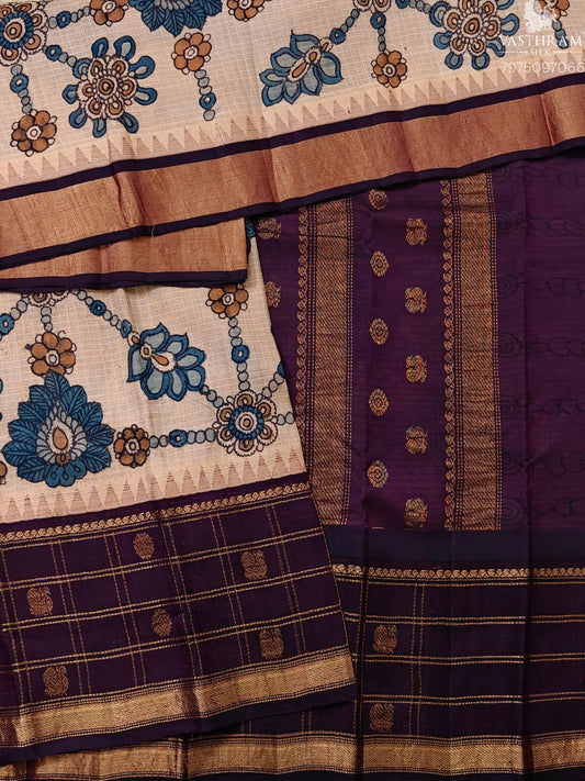 Cream colour silk cotton saree with pen kalamkari all over Code :SC043