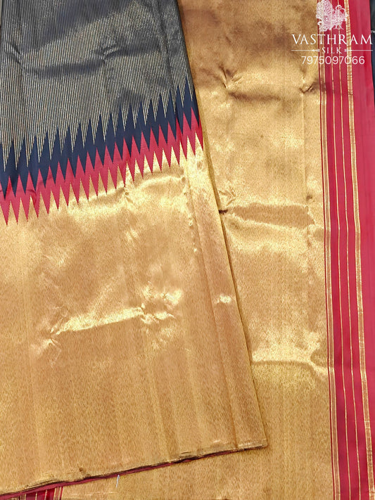 Black & Maroon Colour Raising Kanchivaram Silk Saree With Zari Stripes All Over Code : KA0492