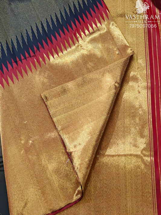 Black & Maroon Colour Raising Kanchivaram Silk Saree With Zari Stripes All Over Code : KA0492