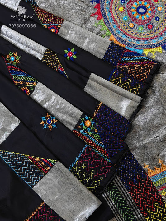 Black And Silver colour kanchivaram silk saree with lambani work all over