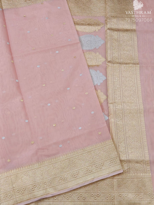 Light Peach Pink Colour Kora Organza Banarasi Saree With Silver & Gold Zari Small Zari Butta All Over : VB0547