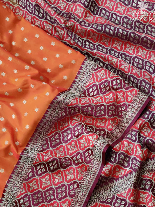 Orange Colour Semi Banarasi Saree With Zari Butta All Over Code : VB0513