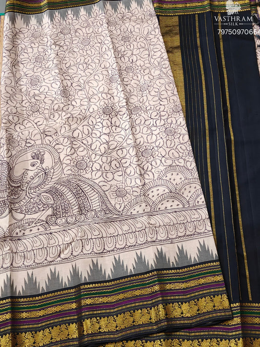 Cream Colour Kanchivaram Silk Saree Hand Kalamkari All Over Code : KA0452