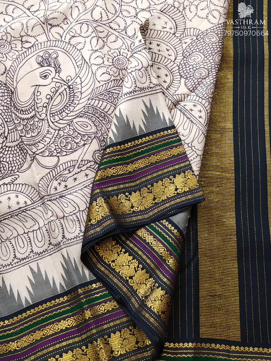 Cream Colour Kanchivaram Silk Saree Hand Kalamkari All Over Code : KA0452