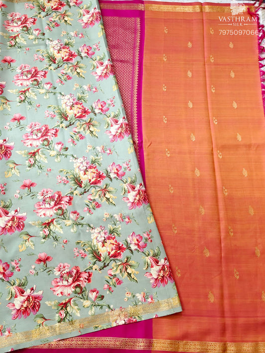 Pastel Green Colour Kanchivaram Silk Saree With Floral Digital Print All Over Code : KA0453