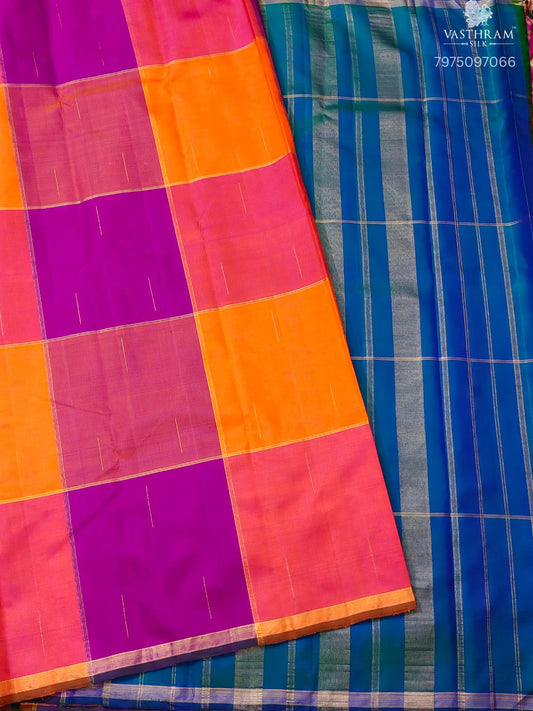 Orange & Pink Colour Kanchivaram Silk Saree With Zari Rain Drops All Over Code : KA0496