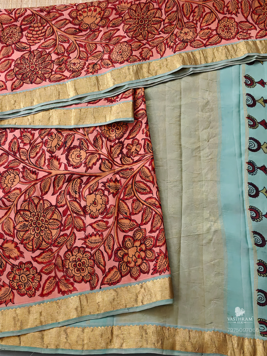 Baby Pink Colour Kanchivaram Silk Saree With Pen Kalamkari All Over : KA0400