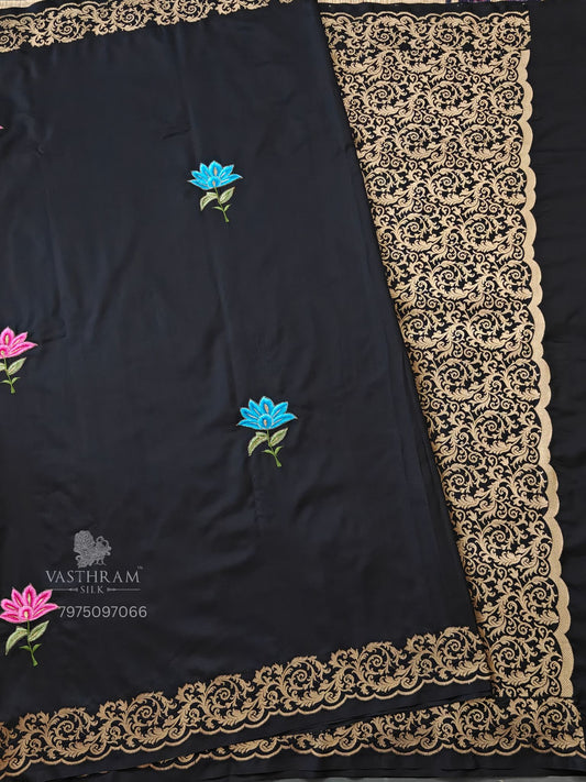 Black Colour Semi Kathani Banarasi Saree With Floral Embroidery All Over  Code : VB0466