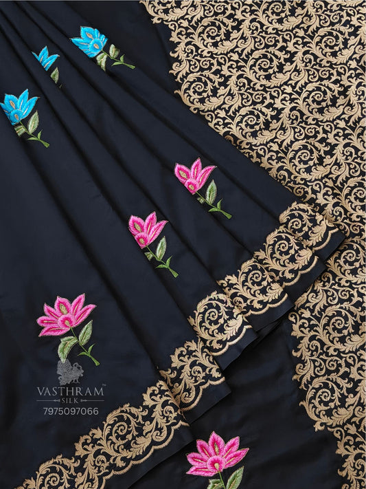 Black Colour Semi Kathani Banarasi Saree With Floral Embroidery All Over  Code : VB0466