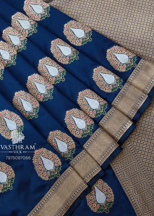 Blue Colour Semi Katan Banarasi Saree With Zari Butta All Over Code : VB0467
