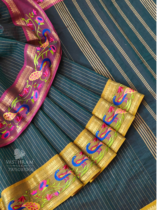 Bottle Green Colour Cotton Saree With Zari Stripes All Over Code : PC014