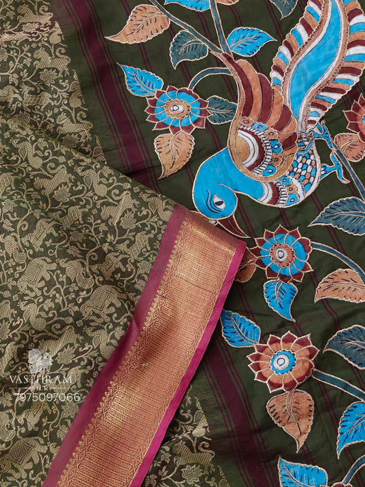 Mehandi Green Colour Cotton Saree With Vanasingaram Thred Woven Motif All Over Code : PC016