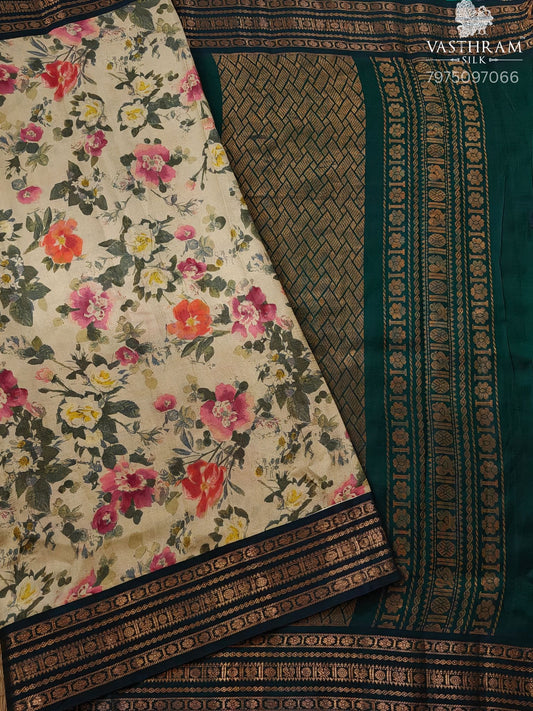 Dark Cream Colour Silk Cotton Saree With Floral Print All Over Code : SC044