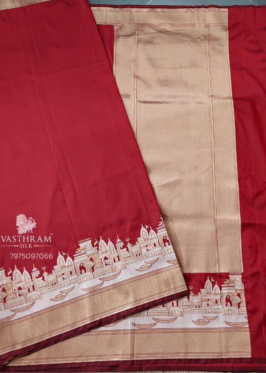 Maroon Colour Semi Katan Banarasi Saree With Plain Body Code : VB0468