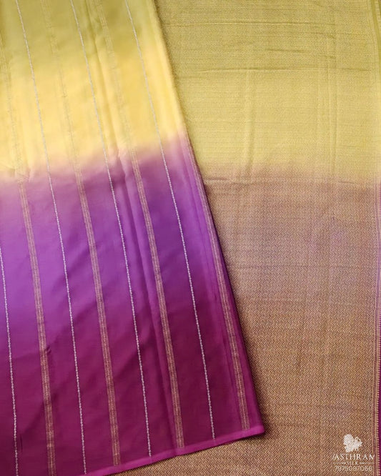 Yellow & Magenta Colour Mysore Crepe Silk Saree With Zari Stripes All Over Code : MC009