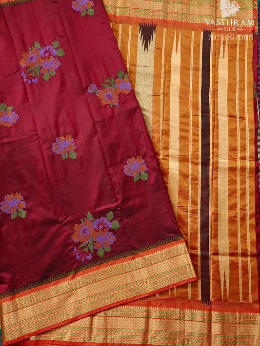 Maroon Colour Powerloom Kanchivaram Silk Saree With Floral Cross Stitch Embroidery All Over Code : KA0448