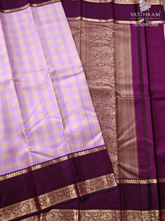 Lavender & Cream Colour Kanchivaram Silk Saree With Checks All Over Code : KA0429