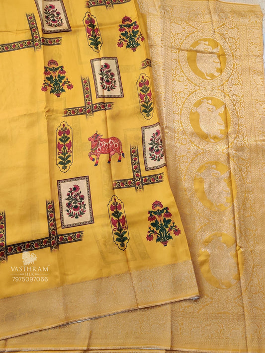 Yellow Colour Dola Silk Saree With Digital Print All Over Code : VB0482