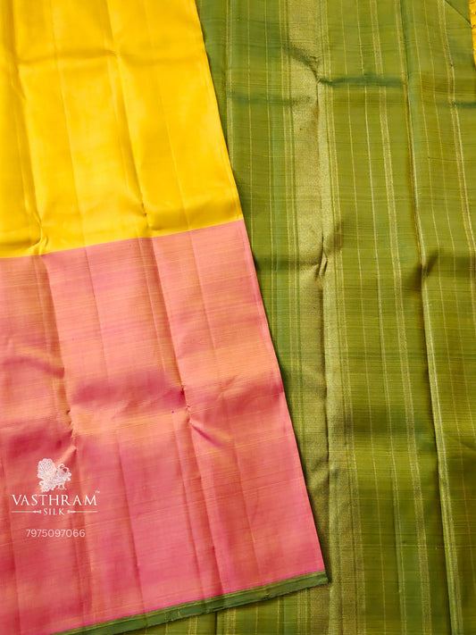 Yellow & Dual Tone Onion Pink Colour Kanchivaram Silk Saree With Plain Body  Code : KA0405