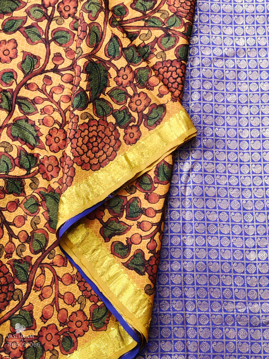 Orange Colour Partly Kanchivaram Silk Saree With Pen Kalamkari Work All Over Code : KA0398