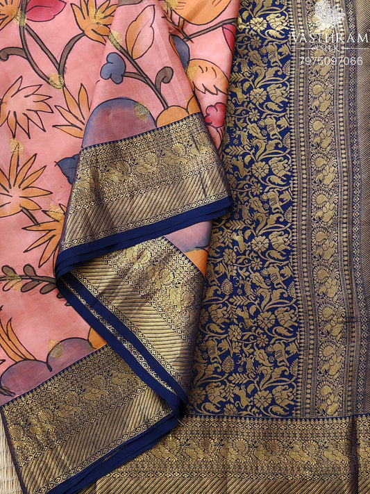 Peach Colour Powerloom Kanchivaram Silk Saree With Pen Kalamkari All Over Code : KA0421