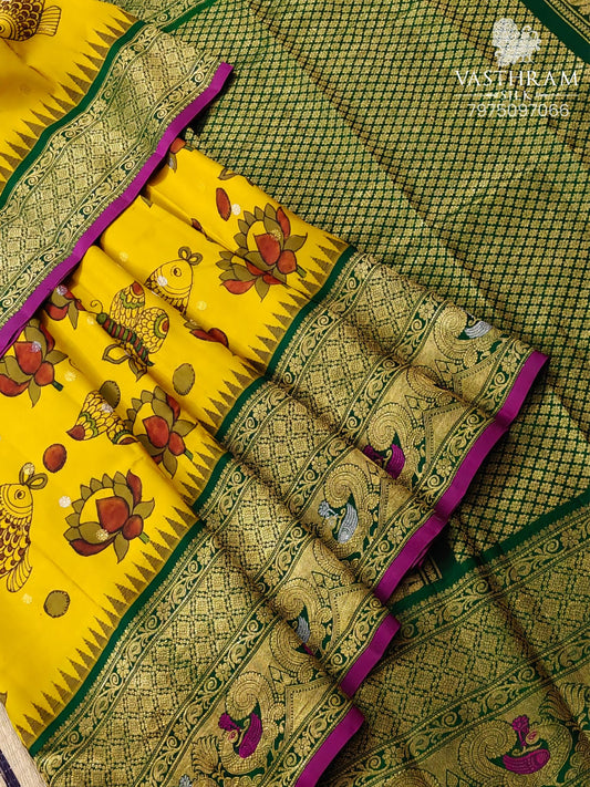 Yellow Colour Gadwal Silk Saree With Pen Kalamkari All Over Code : GA007