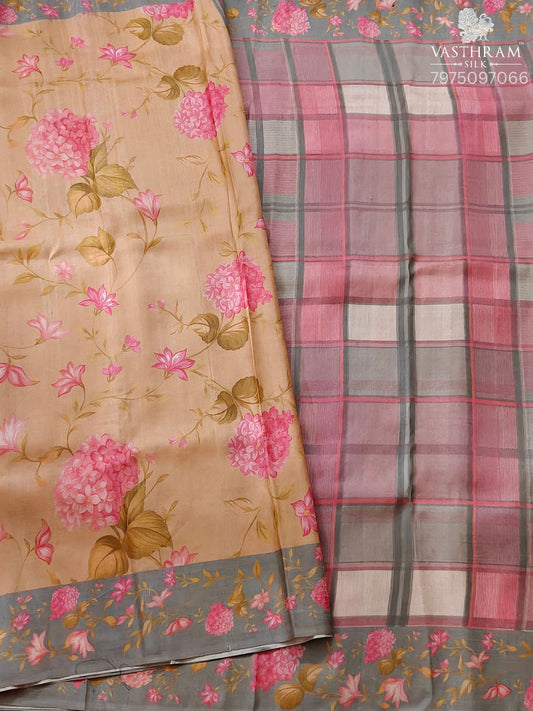 Light Orange Colour Tussar Silk Saree With Floral Digital Print All Over Code : VB0518