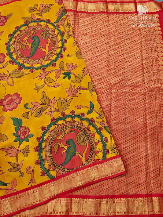 Yellow Colour Kanchivaram Silk Saree With Pen Kalamkari All Over Code : KA0416