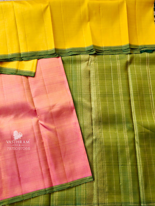 Yellow & Dual Tone Onion Pink Colour Kanchivaram Silk Saree With Plain Body  Code : KA0405