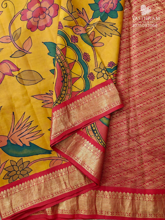Yellow Colour Kanchivaram Silk Saree With Pen Kalamkari All Over Code : KA0416