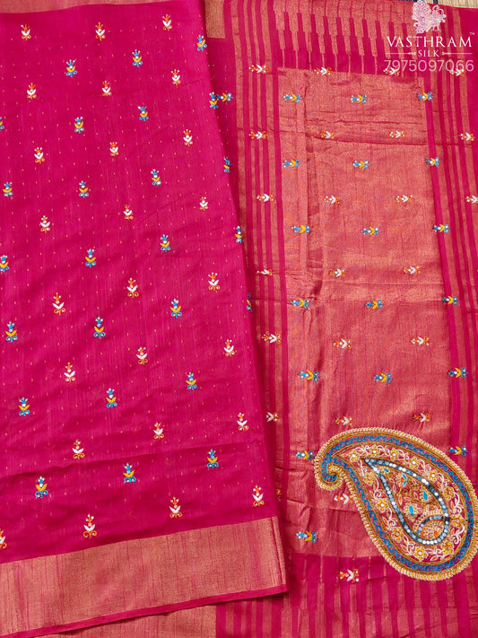 Pink Colour Raw Silk Saree With Embroidery Work All Over Code : KT025