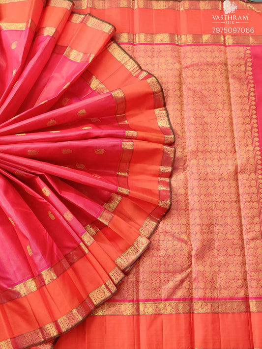 Dual Tone Pink Colour Kanchivaram Silk Saree With Zari Stripes & Peacock Motif Code : KA0431